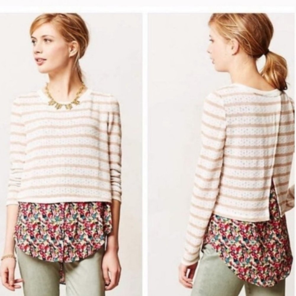 Anthropologie Postmark Ginny Layered Crop Sweater Floral Tunic Top Size‎ S
